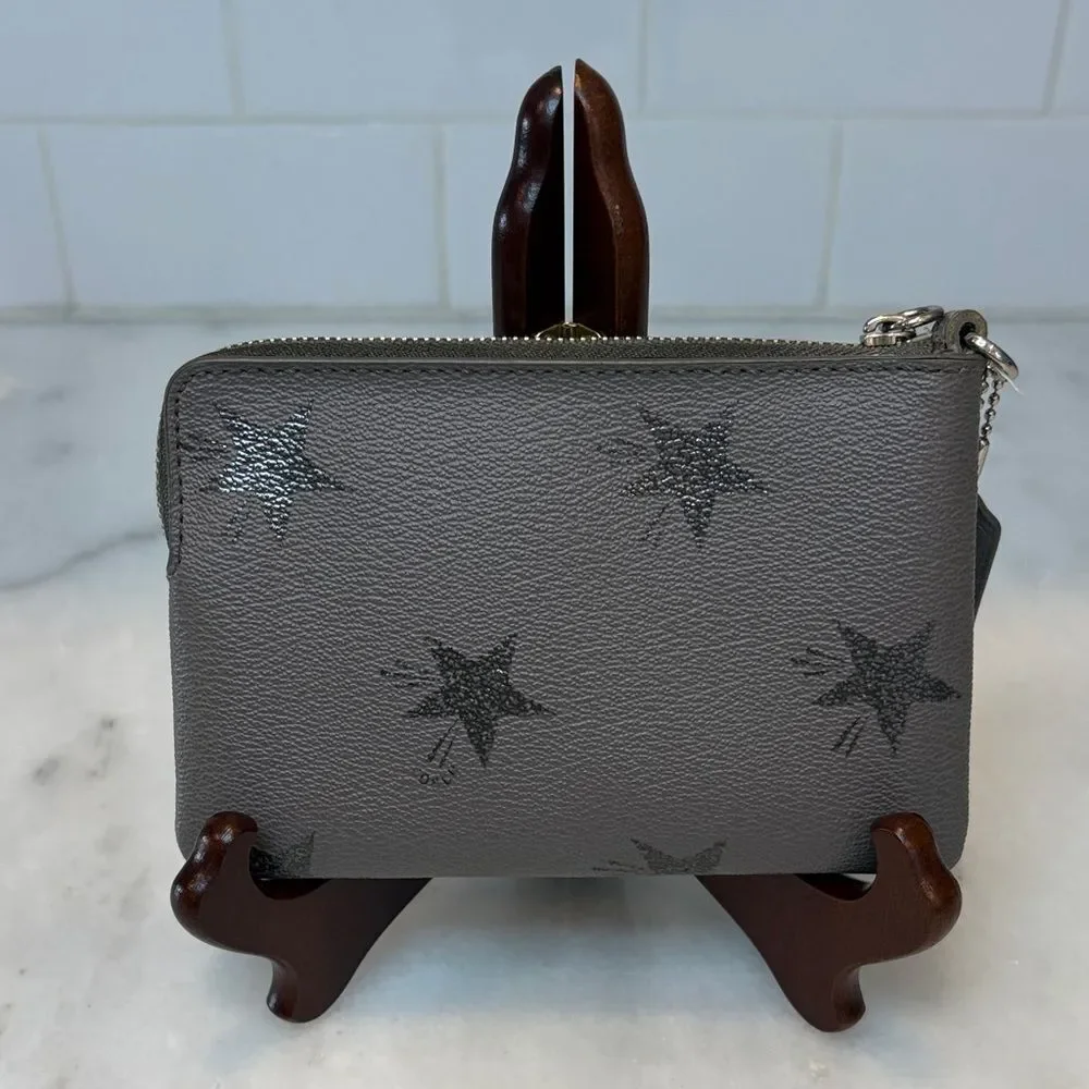 Coach Saffiano Leather Metallic Silver Star-Pattern Wristlet